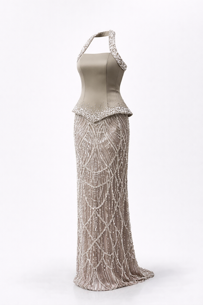 Taş Halter Yaka İnci Detay Abiye Elbise